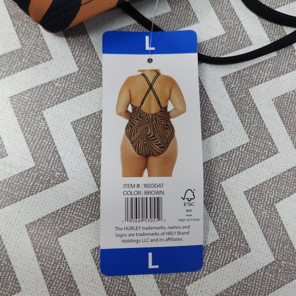 Hurley One Piece Swimsuit Brown Animal Print Size Large UPF 50 V-Neck With Bra - Picture 4 of 9